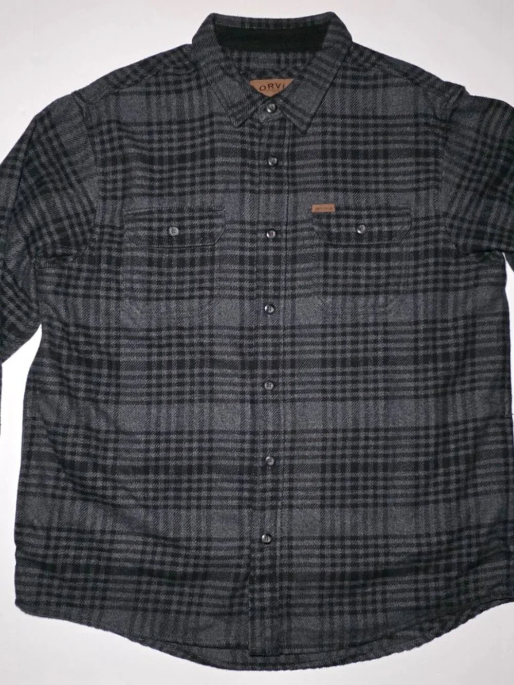 Orvis Mens Gray and Black Plaid Button Up 4 Pocket Flannel Shirt Jacket Size XL